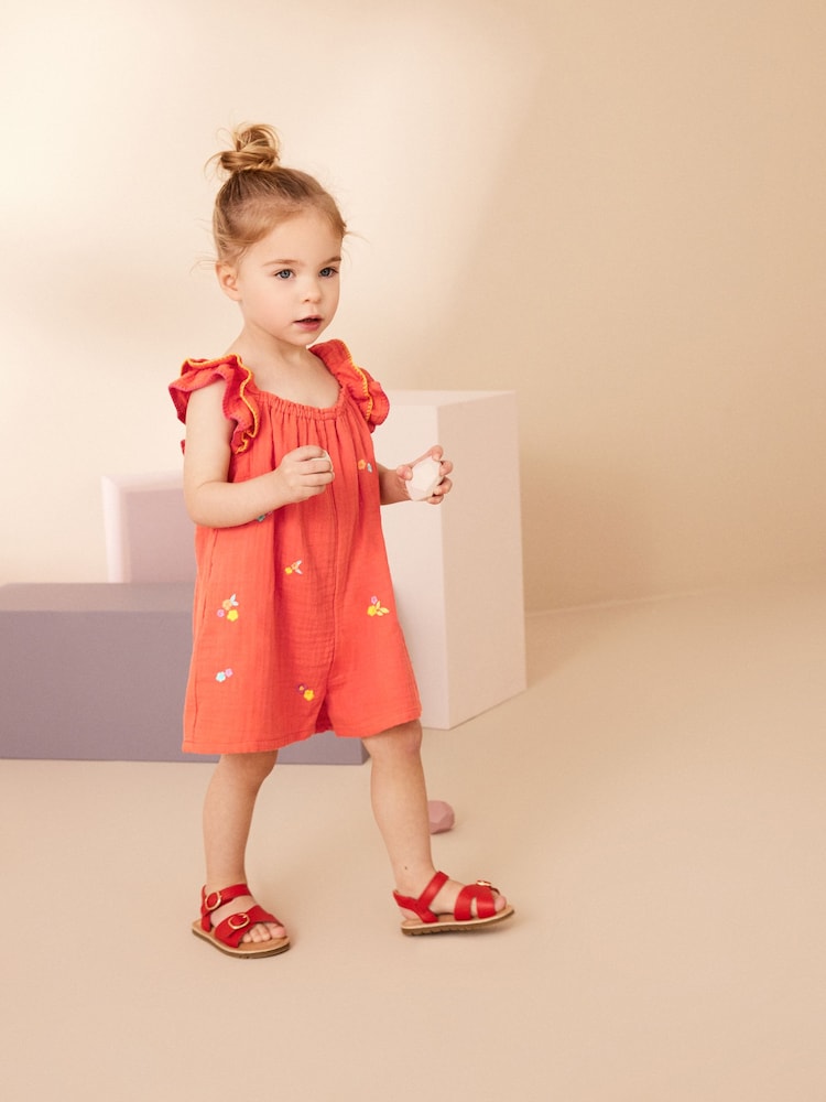 Coral Pink Embellished 100% Cotton Playsuit (3mths-7yrs) - Image 2 of 8