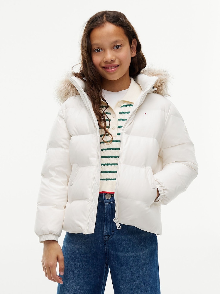 Tommy Hilfiger White Essential Faux Fur Trim Down Jacket - Image 1 of 7 Tommy Hilfiger White Essential Faux Fur Trim Down Jacket - Image 1 of 7
