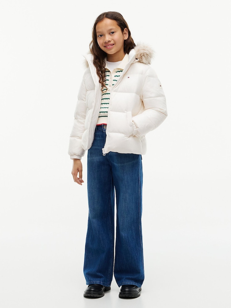 Tommy Hilfiger White Essential Faux Fur Trim Down Jacket - Image 2 of 7 Tommy Hilfiger White Essential Faux Fur Trim Down Jacket - Image 2 of 7