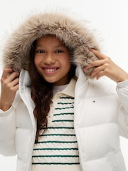 Tommy Hilfiger White Essential Faux Fur Trim Down Jacket - Image 3 of 7