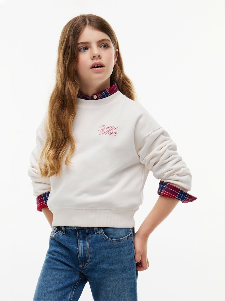 לבן - Tommy Hilfiger סווטשירט בגזרה נינוחה מבד פרנץ' טרי עם לוגו - תמונה 1 מתוך 6