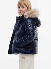 Tommy Hilfiger Blue Essential Faux Fur Trim Down Jacket - Image 4 of 7