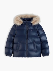 Tommy Hilfiger Blue Essential Faux Fur Trim Down Jacket - Image 6 of 7