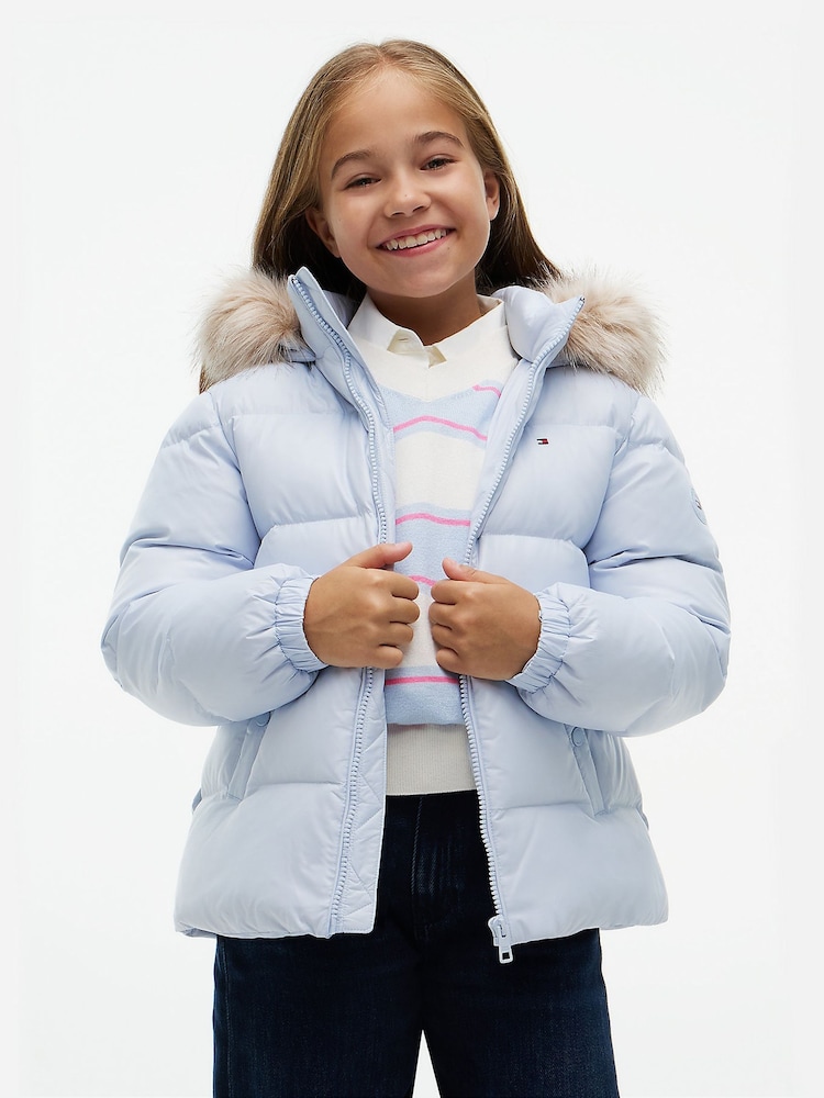 Tommy Hilfiger Sky Blue Essential Faux Fur Trim Down Jacket - Image 1 of 6 Tommy Hilfiger Sky Blue Essential Faux Fur Trim Down Jacket - Image 1 of 6
