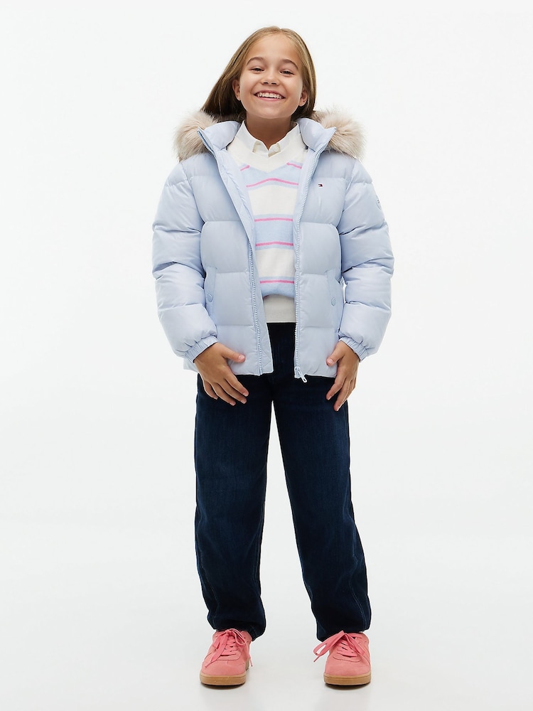 Tommy Hilfiger Sky Blue Essential Faux Fur Trim Down Jacket - Image 2 of 6 Tommy Hilfiger Sky Blue Essential Faux Fur Trim Down Jacket - Image 2 of 6