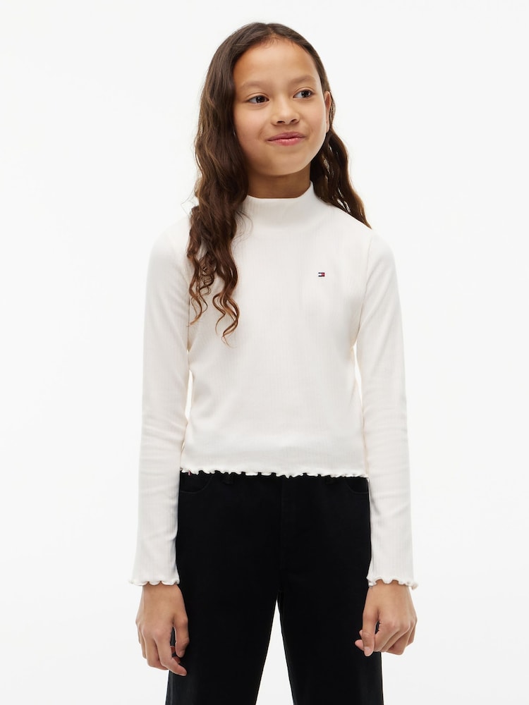 Tommy Hilfiger White Essential Ruffle Ribbed Long Sleeve Top - Image 1 of 6 Tommy Hilfiger White Essential Ruffle Ribbed Long Sleeve Top - Image 1 of 6
