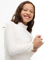 Tommy Hilfiger White Essential Ruffle Ribbed Long Sleeve Top - Image 3 of 6