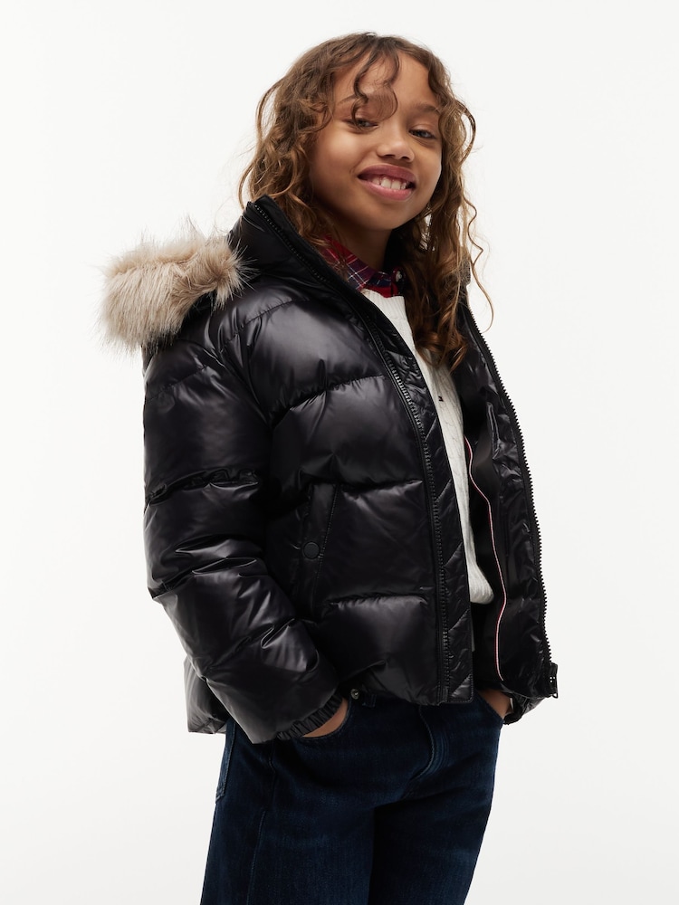 Tommy Hilfiger Black Essential Faux Fur Trim Down Jacket - Image 1 of 6