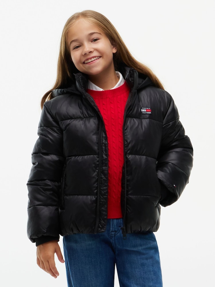 Tommy Hilfiger Black Heritage Shiny Relaxed Hooded Puffer Jacket - Image 1 of 6
