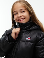 Tommy Hilfiger Black Heritage Shiny Relaxed Hooded Puffer Jacket - Image 4 of 6