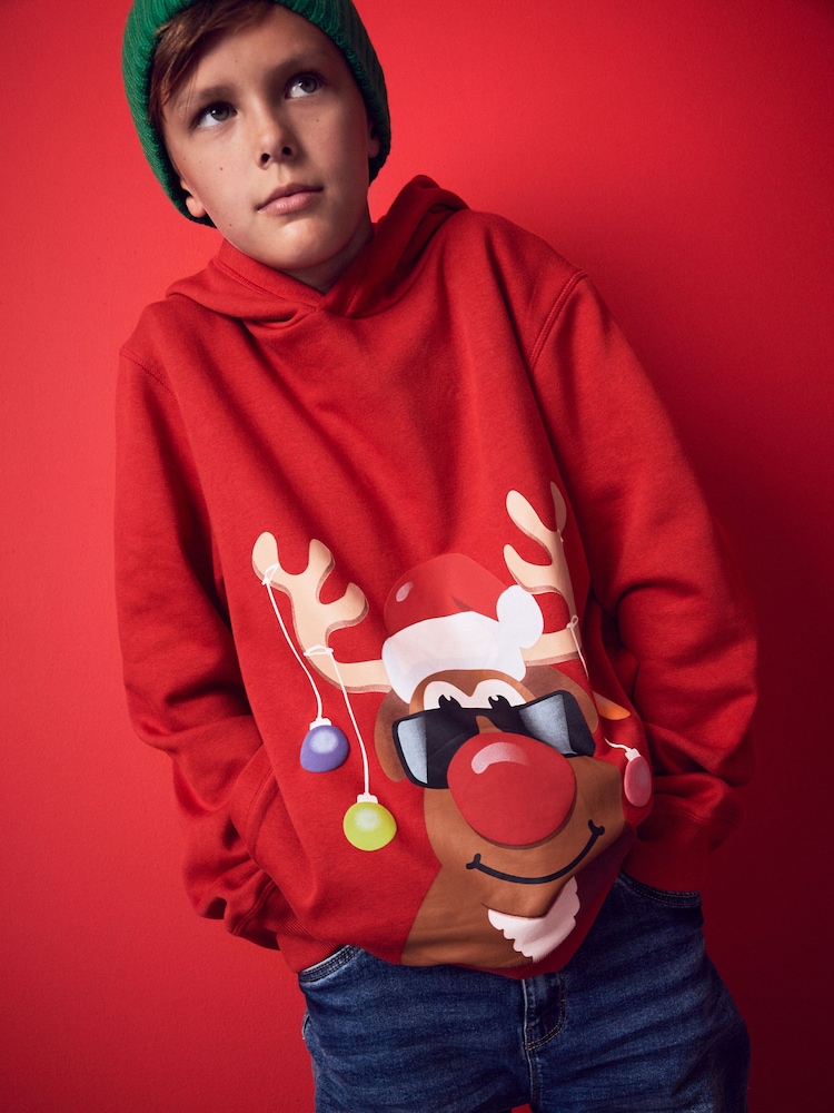 Rot - Weihnachts-Kapuzensweatshirt mit Rentiermotiv (3–16 Jahre) - Bild 1 von 5