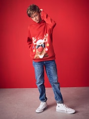 Rot - Weihnachts-Kapuzensweatshirt mit Rentiermotiv (3–16 Jahre) - Bild 2 von 5