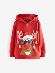 Rot - Weihnachts-Kapuzensweatshirt mit Rentiermotiv (3–16 Jahre) - Bild 3 von 5