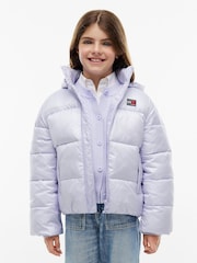 Tommy Hilfiger Purple Heritage Shiny Relaxed Hooded Puffer Jacket - Image 1 of 6