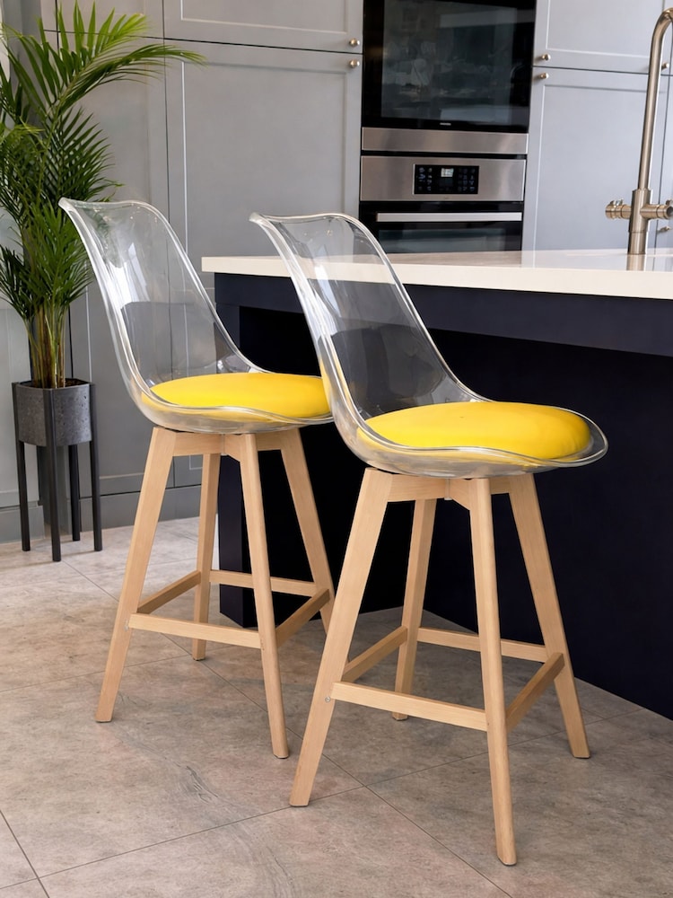 Fusion Living Set of 2 Yellow Soho Clear Plastic Bar Stools with Light Wood Legs - Image 1 of 5 Fusion Living Set of 2 Yellow Soho Clear Plastic Bar Stools with Light Wood Legs - Image 1 of 5