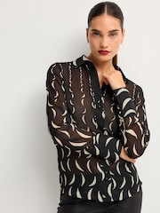 Monochrome Moon Print Satin Trim Long Sleeve Sheer Shirt - Image 1 of 6
