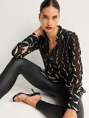 Monochrome Moon Print Satin Trim Long Sleeve Sheer Shirt - Image 2 of 6