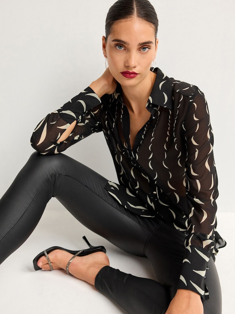 Monochrome Moon Print Satin Trim Long Sleeve Sheer Shirt - Image 2 of 6