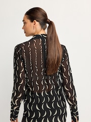 Monochrome Moon Print Satin Trim Long Sleeve Sheer Shirt - Image 3 of 6