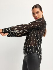 Monochrome Moon Print Satin Trim Long Sleeve Sheer Shirt - Image 4 of 6