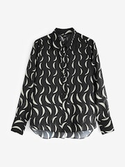 Monochrome Moon Print Satin Trim Long Sleeve Sheer Shirt - Image 5 of 6