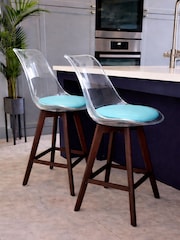 Fusion Living Set of 2 Aqua Soho Clear Plastic Bar Stools with Dark Wood Legs - Image 1 of 5