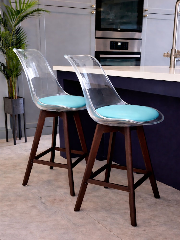 Fusion Living Set of 2 Aqua Soho Clear Plastic Bar Stools with Dark Wood Legs - Image 1 of 5