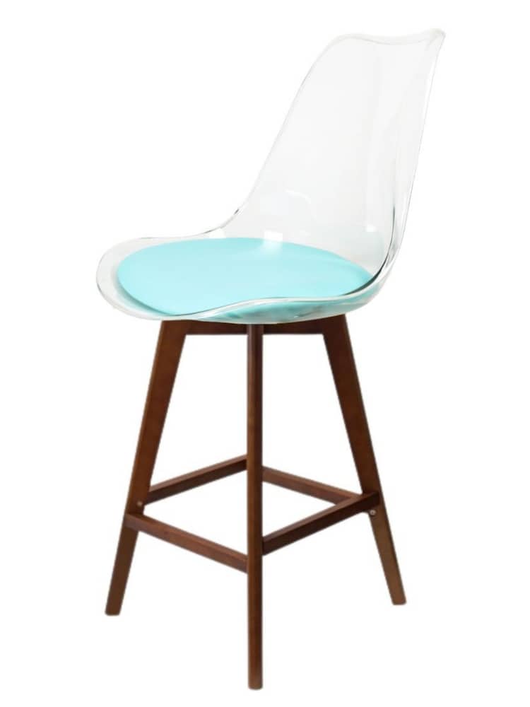 Fusion Living Set of 2 Aqua Soho Clear Plastic Bar Stools with Dark Wood Legs - Image 2 of 5