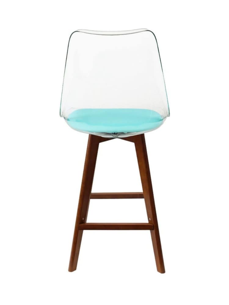 Fusion Living Set of 2 Aqua Soho Clear Plastic Bar Stools with Dark Wood Legs - Image 5 of 5