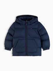 Tommy Hilfiger 旗幟刺繡拉鏈開襟連帽羽絨外套 - 圖片 1，共 3