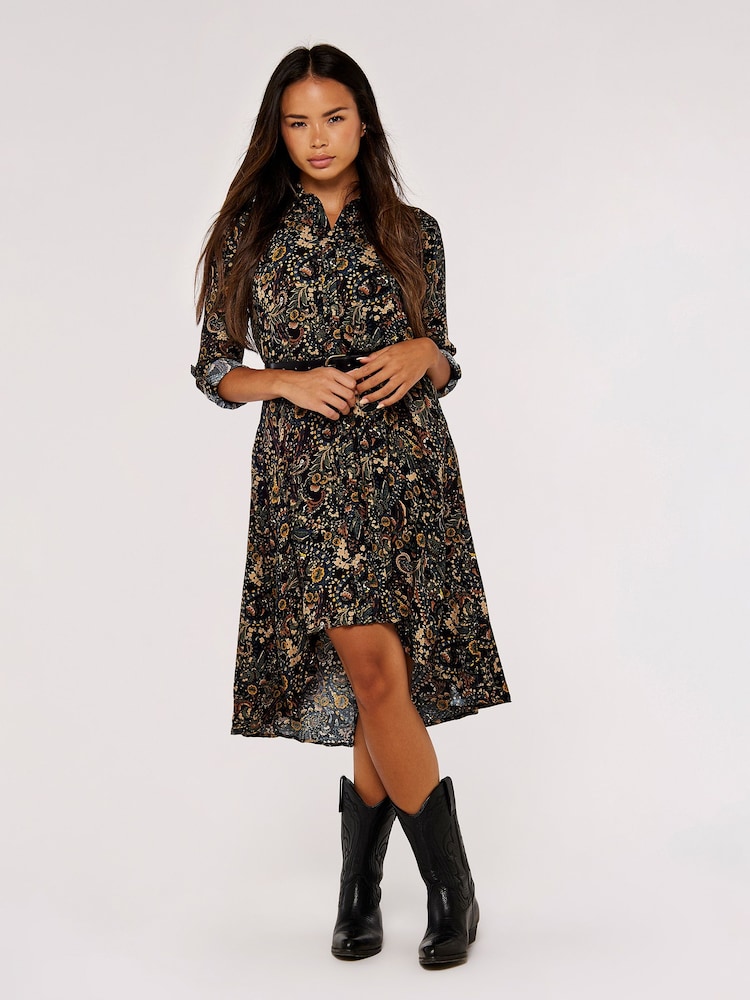 Apricot Black Paisley High Low Shirt Dress - Image 1 of 4