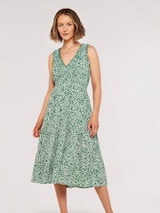 Apricot Green White Abstract Daisy Smock Midi Dress - Image 1 of 4