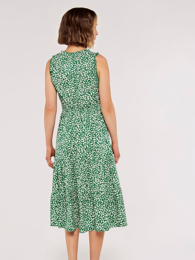 Apricot Green White Abstract Daisy Smock Midi Dress - Image 2 of 4