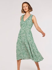 Apricot Green White Abstract Daisy Smock Midi Dress - Image 3 of 4