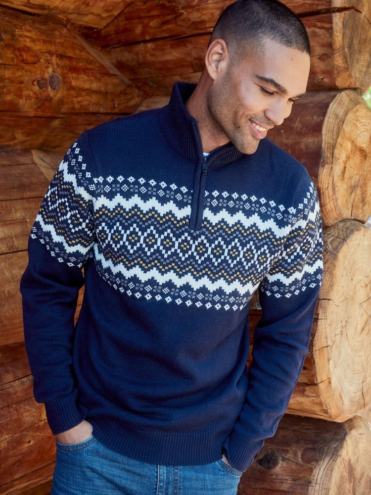 Fairisle Jumper Christmas Jumper Half Zip Buy Threadbare Blue 1/4