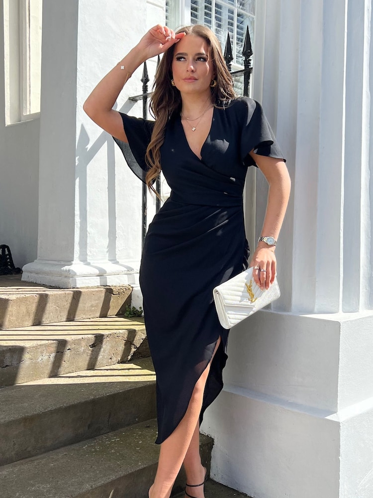 Girl In Mind Black Petite Natasha Angel Sleeve Wrap Midi Dress - Image 1 of 4