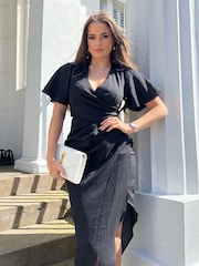 Girl In Mind Black Petite Natasha Angel Sleeve Wrap Midi Dress - Image 3 of 4