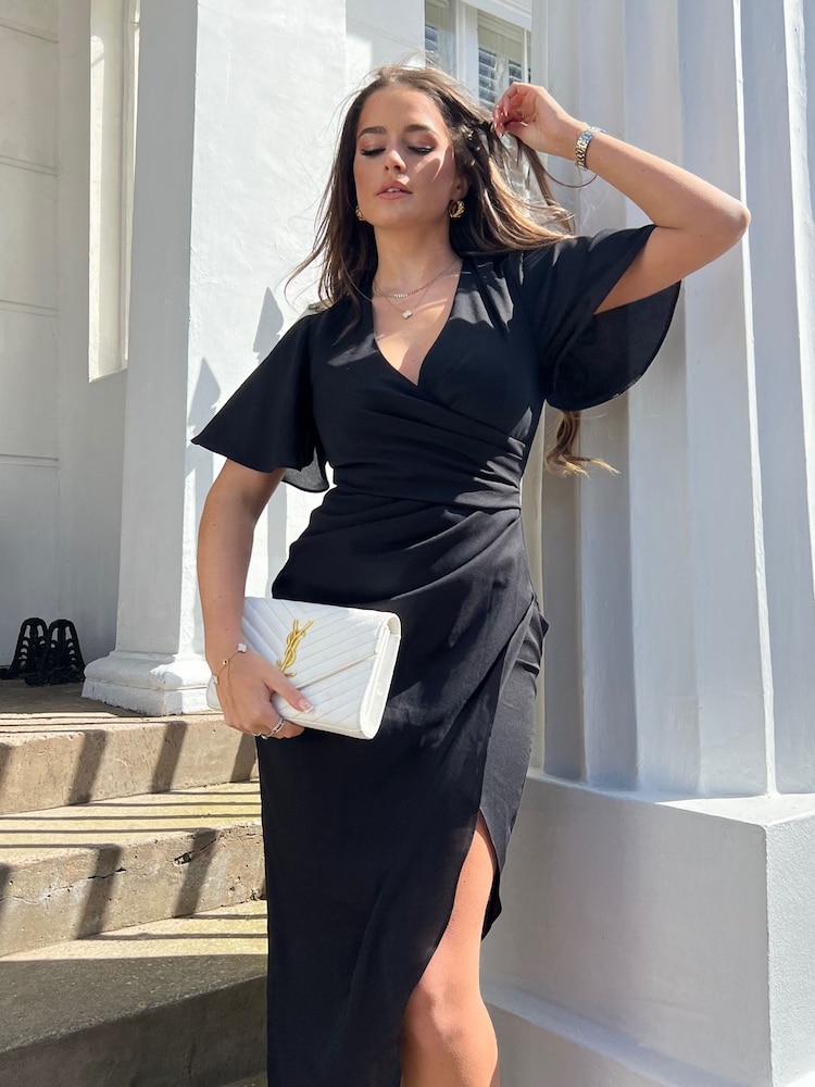 Girl In Mind Black Petite Natasha Angel Sleeve Wrap Midi Dress - Image 4 of 4