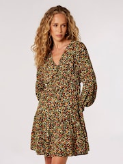 Apricot Green Ditsy Tiered Button Detail Dress - Image 1 of 4