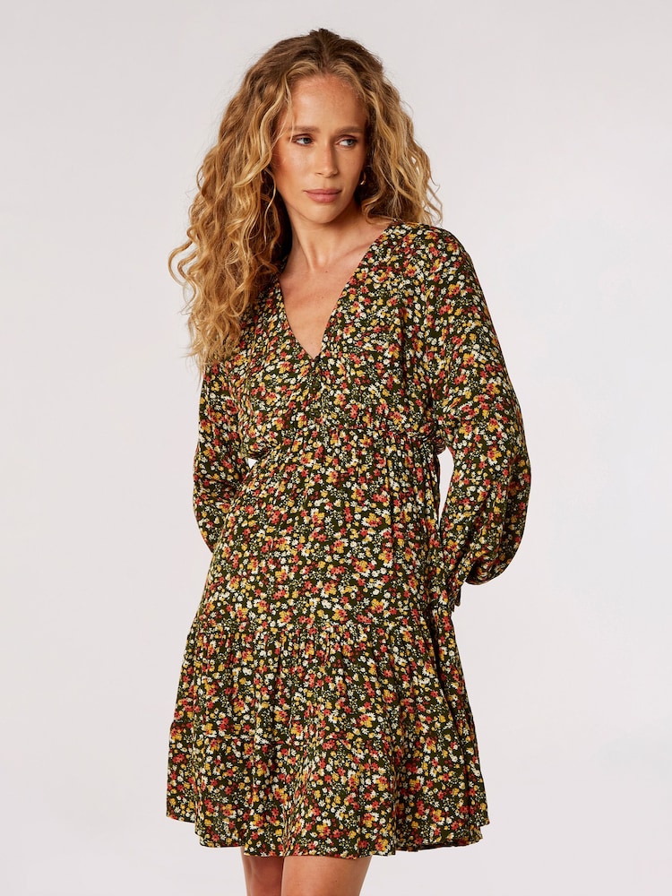 Apricot Green Ditsy Tiered Button Detail Dress - Image 1 of 4