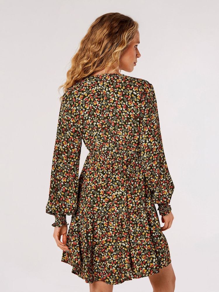 Apricot Green Ditsy Tiered Button Detail Dress - Image 2 of 4