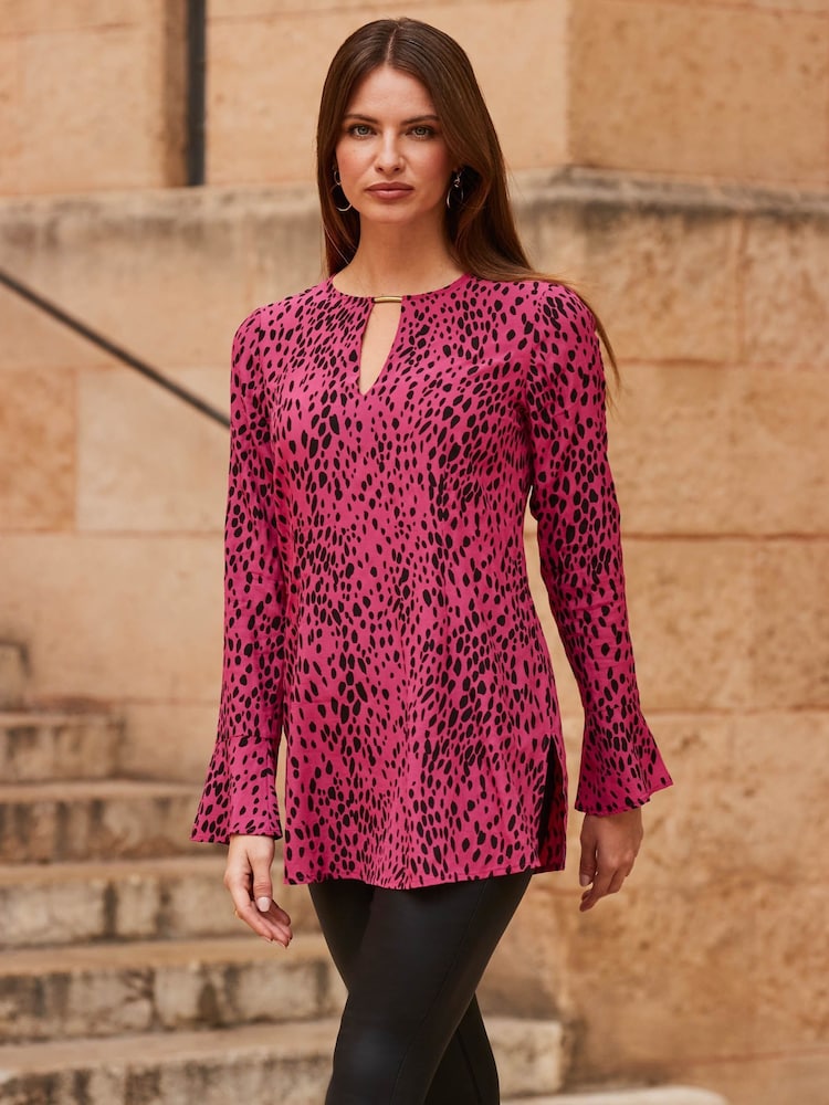Sosandar Pink Long Sleeve Keyhole Detail Tunic - Image 1 of 5
