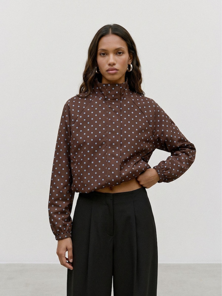 VERO MODA Brown Polka Dot Funnel Neck Bomber Jacket - Image 2 of 6 VERO MODA Brown Polka Dot Funnel Neck Bomber Jacket - Image 2 of 6