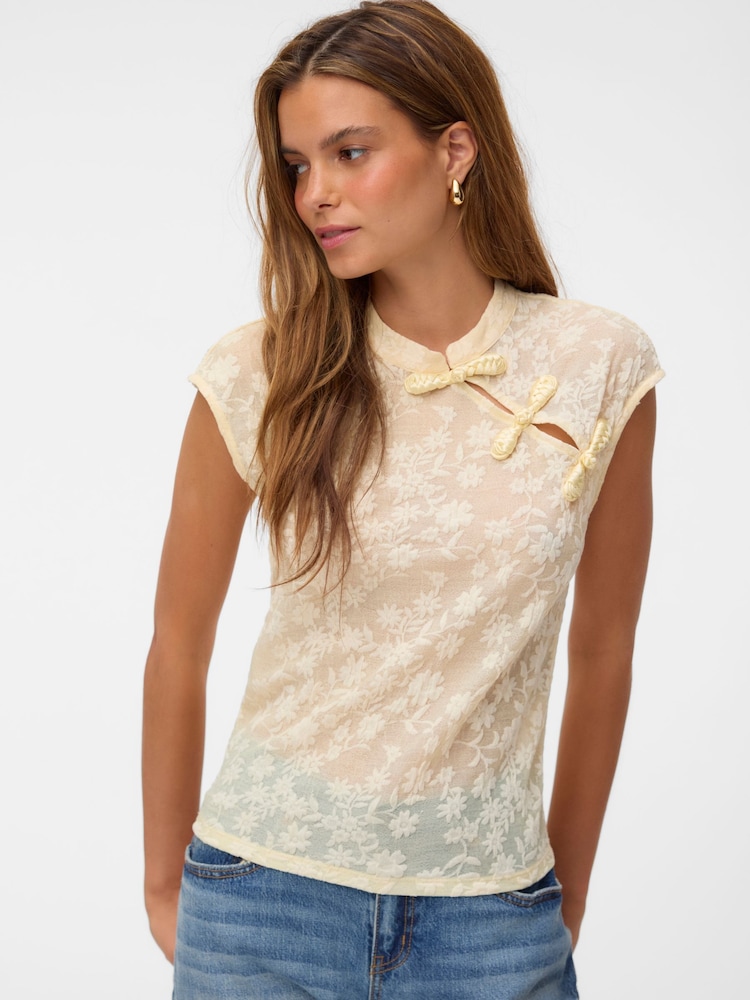 VERO MODA Yellow Sleeveless Mandarin Lace Top - Image 1 of 4 VERO MODA Yellow Sleeveless Mandarin Lace Top - Image 1 of 4