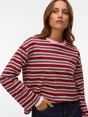 VERO MODA Pink Long Sleeve Contrast Crew Neck Stripe Top - Image 1 of 4