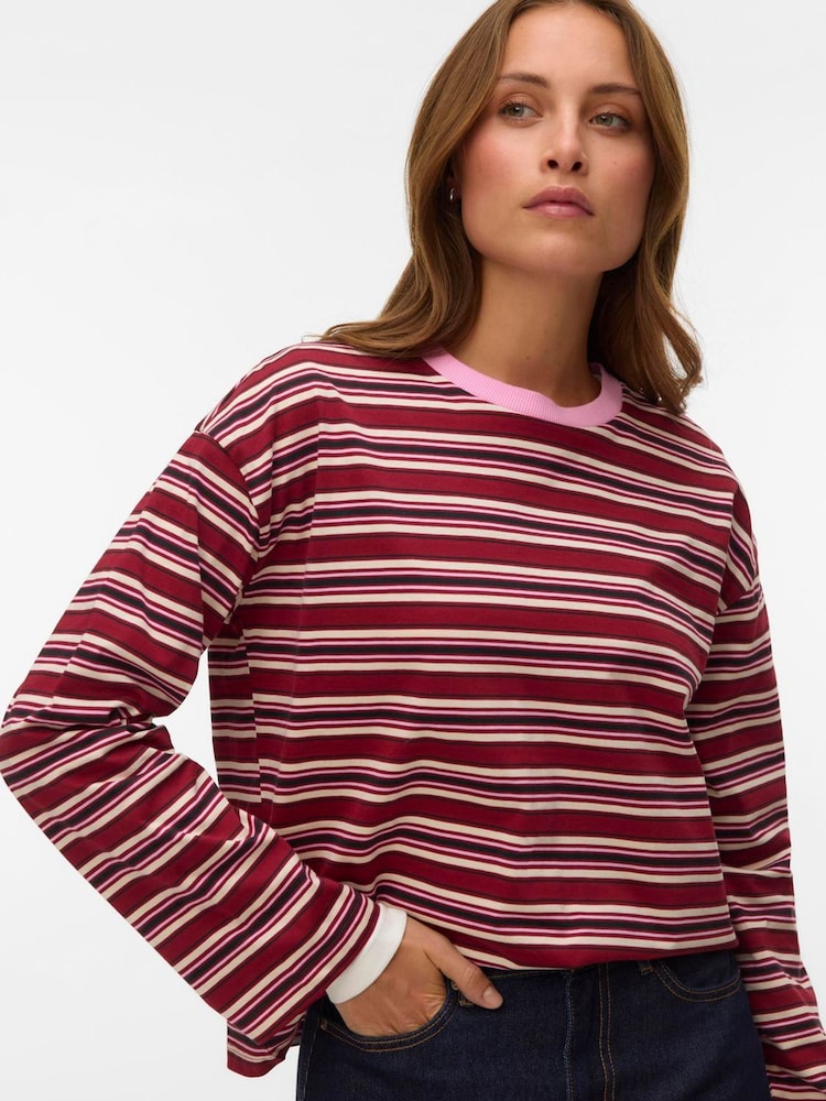 VERO MODA Pink Long Sleeve Contrast Crew Neck Stripe Top - Image 1 of 4 VERO MODA Pink Long Sleeve Contrast Crew Neck Stripe Top - Image 1 of 4