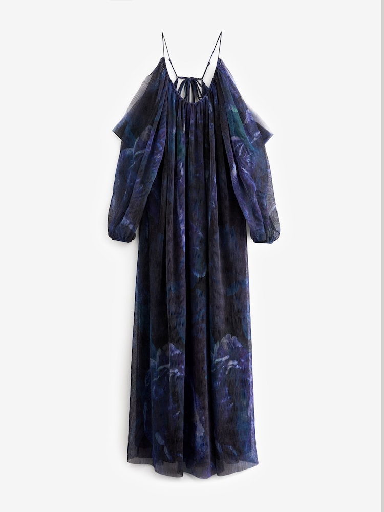 Navy Blue Floral Crinkle Mesh Volume Cami Maxi Dress - Image 5 of 6