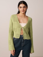 Green Tie Front Stitch Detail Cardigan - Image 1 of 7