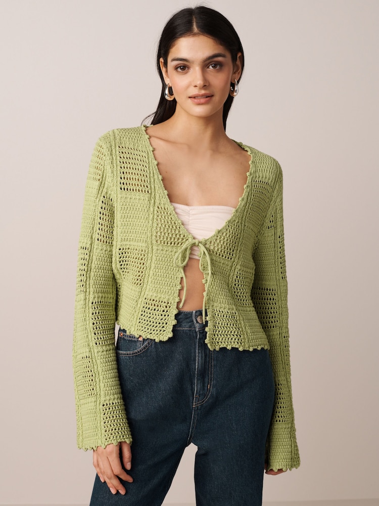 Green Tie Front Stitch Detail Cardigan - Image 1 of 7 Green Tie Front Stitch Detail Cardigan - Image 1 of 7