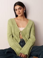 Green Tie Front Stitch Detail Cardigan - Image 3 of 7